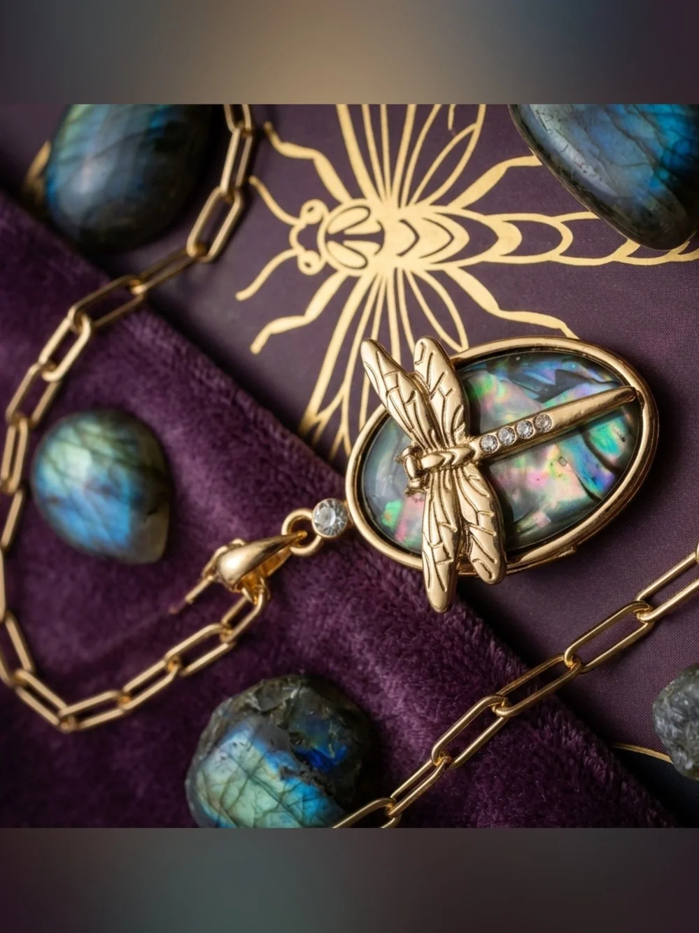 Gold Dragonfly Abalone Pendant Necklace - Iridescent Blue-Green
